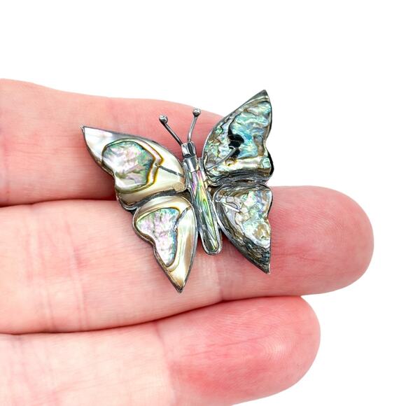 Vintage Mexico AM Taxco Sterling Silver 925 Abalone Butterfly Brooch Pin - Picture 1 of 7